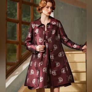 Elegant Burgundy Brocade Midi Coat with Cat print